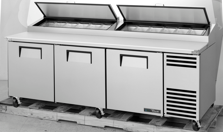 Product image #8 for True 93.5-Inch 3-Section Pizza Prep Table with 12-Pan Top and Side-Mounted Self-Contained Refrigeration