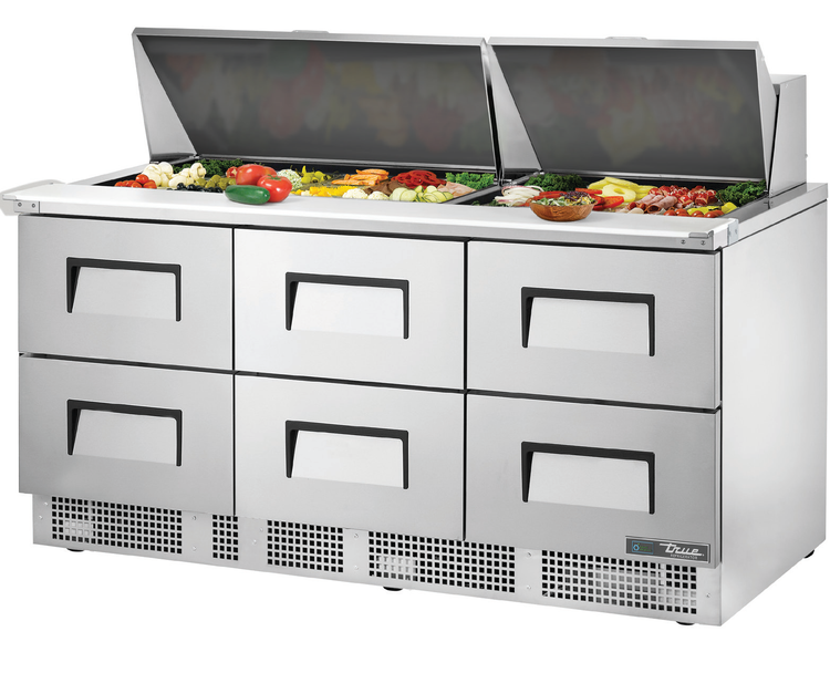 Product image #5 for True 72-Inch Three-Section Drawered Sandwich/Salad Prep Table with 30-Pan Top and 6 Drawers