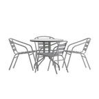 Thumbnail image #1 for Flash Furniture TLH-072RD-017CSV4-GG Round Glass-Top Metal Table Set with 4 Silver Aluminum Slat Stack Chairs