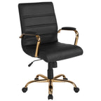 Thumbnail image #1 for Flash Furniture Whitney GO-2286M-BK-GLD-GG Executive Swivel Office Chair, Mid-Back, Black Bonded Leather, Padded Arms, Gold Base