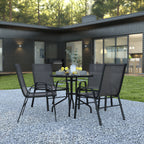 Thumbnail image #2 for Flash Furniture TLH-0702303C-GG 5-Piece Outdoor Patio Dining Set with 31.5-Inch Round Tempered Glass Table and 4 Black Stack Chairs