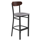 Thumbnail image #1 for Flash Furniture Wright XU-DG6V6GYV-WAL-GG Bar Stool, Gray Vinyl Seat, Wooden Boomerang Back, Black Steel Frame, Walnut Finish