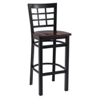 Thumbnail image #1 for G & A Commercial Seating Windsor 650-B SS Commercial Barstool, Grid Metal Back, Solid Wood Saddle Seat, Black Steel Square Frame