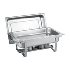 Thumbnail image #2 for CAC China Modish CAFR-101 8 qt Stainless Steel Rectangular Chafing Dish with Hinged Cover, Canned Heat