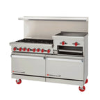 Thumbnail image #1 for American Range AR-4B-36RG-CC 60-Inch Gas Restaurant Range with 4 Open Burners, 36-Inch Raised Griddle/Broiler, 2 Convection Ovens