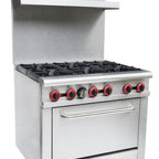 Thumbnail image #1 for SABA GR-36 36-Inch Gas Commercial Range with 6 Open Burners, Standard Oven, Stainless Steel Front & Sides, Backriser with Hi-Shelf