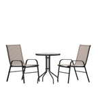 Thumbnail image #1 for Flash Furniture TLH-0701303C-BN-GG 3-Piece Outdoor Patio Dining Set with 23.75-Inch Round Tempered Glass Table and 2 Brown Stack Chairs
