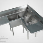 Thumbnail image #1 for Klinger's Trading MCS3C2D Comp Corner Sink with 15" Double Drainboards, 15x15x12D, 18g 3 stainless legs and cross bracing