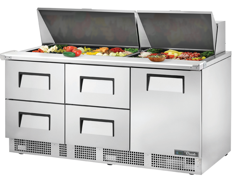 Product image #5 for True 72-Inch 3-Section Refrigerated Sandwich/Salad Prep Table with 1 Door, 4 Drawers and 30-Pan Top