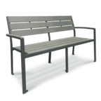 Thumbnail image #1 for JustChair Manufacturing PW801-BENCH Outdoor Arm Bench, 59-Inch, Faux Teak Seat and Back, Dark Gray Aluminum Frame