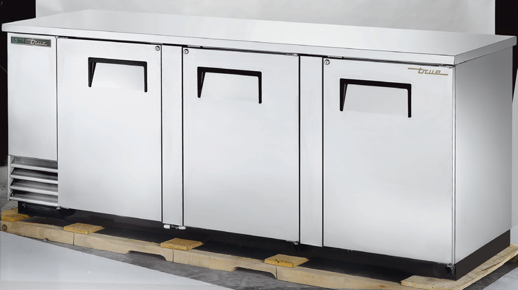Product image #5 for True Three-Section Back Bar Cooler with Solid Doors, 90-3/8 Inch Wide, Stainless Steel Top