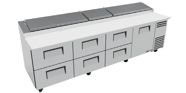 Product image #7 for True 119-1/4-Inch 4-Section Pizza Prep Table with 1 Door, 6 Drawers, and Self-Contained Side-Mounted Refrigeration