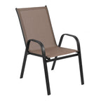 Thumbnail image #1 for Flash Furniture 4-JJ-303C-B-GG Outdoor Stacking Patio Chair, Brown Textilene Fabric, Black Powder-Coated Metal Frame, Curved Arms