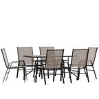 Thumbnail image #1 for Flash Furniture TLH-089REC-303CBN6-GG 7-Piece Outdoor Patio Dining Set with 55-Inch Tempered Glass Table and 6 Brown Stack Chairs