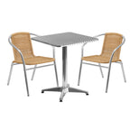 Thumbnail image #1 for Flash Furniture TLH-ALUM-24SQ-020BGECHR2-GG Square Stainless Steel-Top Table Set with 2 Beige Rattan Stacking Armchairs