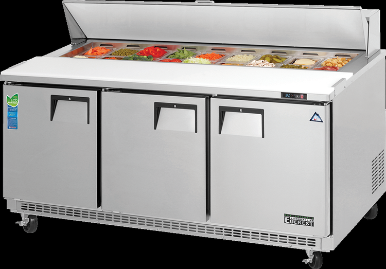 Product image #5 for Everest Refrigeration EPBNR3 Three-Section Back-Mounted Sandwich Prep Table with 18 1/6-Size Pan Opening, 71-1/8" W, 19 Cu. Ft.