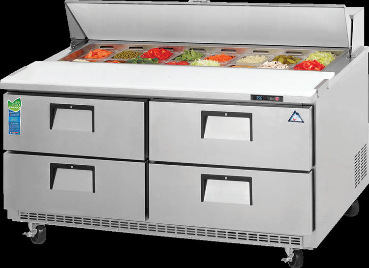 Product image #5 for Everest Refrigeration EPBNWR2-D4 Two-Section Sandwich Prep Table with Four Drawers and Rear-Mounted Self-Contained Refrigeration