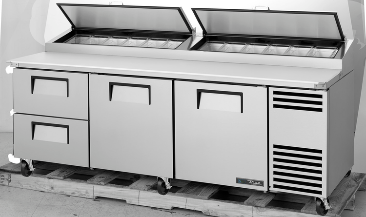 Product image #9 for True 93.5-Inch 2-Section Pizza Prep Table with 2 Drawers, 2 Doors, and White Poly Cutting Board