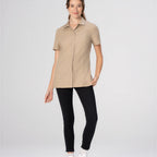 Thumbnail image #1 for Chef Works SBU01W-KHA-S Women's Khaki Short-Sleeve Kitchen Work Shirt with Snap Front and Mesh Back