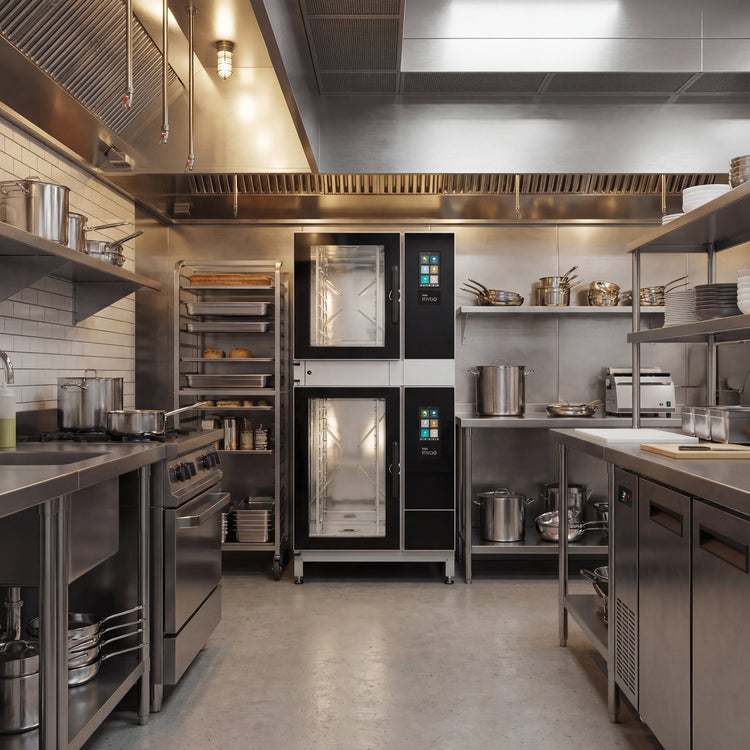 Product image #2 for Blodgett Invoq 61BLE/101BLE-PT Stacked Pass-Through Electric Boilerless Combi Oven Steamer, 17-Pan Capacity