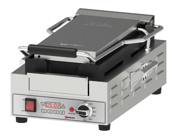 Product image #7 for Omcan Single Slim Countertop Panini Grill with Ribbed Cast Iron Plates, 14.7 x 7.8-Inch Surface, 120V