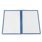 Thumbnail image #1 for CAC China MCP2-911BL Vinyl 2-Pocket Menu Cover, 8-1/2" x 11", Clear Double-Sided View, Brass Corners, Blue Trim Case of 100