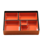 Thumbnail image #1 for Korin Inc NR-316 Rectangular Plastic Bento Box, 5 Compartments, Red Interior and Gold Exterior, 11-3/4" x 9-2/5" x 2"H