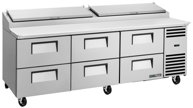 Product image #7 for True 93.5-Inch 3-Section Pizza Prep Table with 6 Drawers and Self-Contained Refrigeration