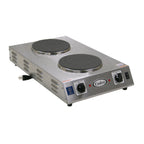 Thumbnail image #1 for Cadco CDR-2CFB Portable Electric Countertop Hot Plate, 2 Solid Cast Iron Burners, Infinite Controls, Stainless Steel