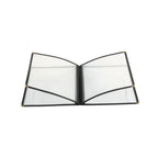 Thumbnail image #1 for CAC China MCP4-911BK 4-Pocket Vinyl Menu Cover, 8-1/2" x 11", Clear Double-Sided View, Brass Corners, Black Trim Case of 50