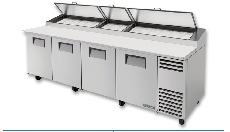Product image #6 for True TPP-AT-119-HC 4-Section Pizza Prep Table with Side-Mounted Self-Contained Refrigeration