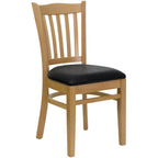 Thumbnail image #1 for Flash Furniture Hercules XU-DGW0008VRT-NAT-BLKV-GG Restaurant Chair, Vertical Wood Slat Back, Black Vinyl Upholstered Padded Seat, Natural Finish