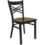 Thumbnail image #1 for Flash Furniture XU-6FOBXBK-MAHW-GG Stackable Restaurant Chair, Metal X-Back, Mahogany Finish Plywood Seat, Black Powder-Coated Frame