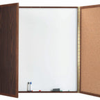 Thumbnail image #1 for AARCO Products WP-48 Wall-Mounted Enclosed Planning Board, 48"W x 48"H, Melamine White Marker Board, 1 Door, Natural Cork, Walnut Lamination