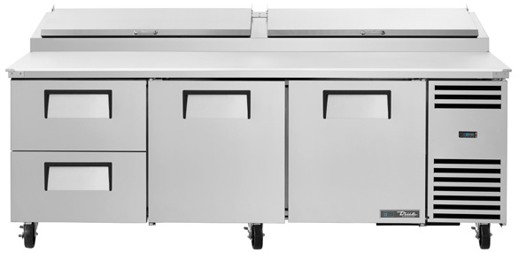 Product image #8 for True 93.5-Inch 2-Section Pizza Prep Table with 2 Drawers, 2 Doors, and White Poly Cutting Board