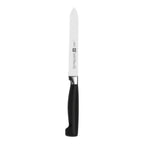Thumbnail image #1 for Zwilling J.A. Henckels Four Star® 1001540 5-Inch Serrated Utility Knife, High-Carbon Stainless Steel Blade, Black Polypropylene Handle