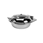 Thumbnail image #1 for G.E.T. Strata ST11602118 4 Qt Round Stainless Steel Chafing Dish Insert, Hinged Glass Clamshell Lid, 2-1/2" Deep Pan