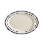 Thumbnail image #1 for CAC China Blue Line BLU-41 Ceramic Oval Platter, 13-1/2"L x 9-1/4"W x 1-1/4"H, Rolled Edge 1 Dozen
