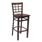 Thumbnail image #1 for G & A Commercial Seating Windsor 650-W SS Armless Grid-Back Metal Bar Stool with Solid Wood Saddle Seat, Walnut Finish
