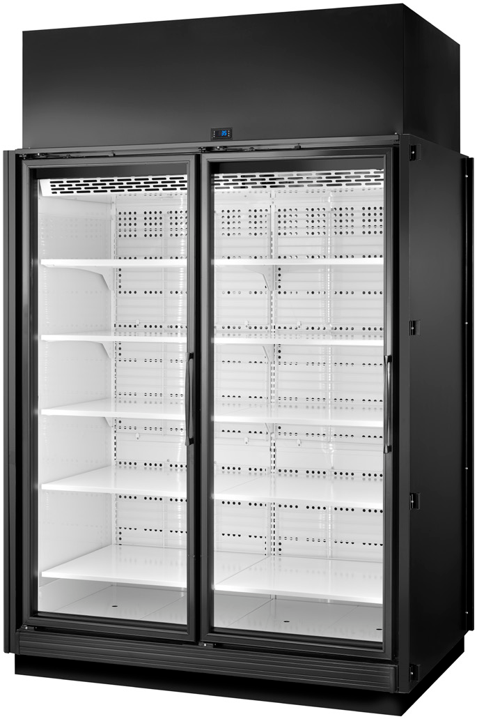 Product image #5 for True Two-Section Medium-Temp Self-Contained Glass Door Merchandiser, Black Exterior/White Interior, Left-End Finished