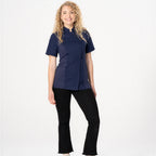 Thumbnail image #1 for Chef Works BCWSZ006-NAV-M Women's Navy Short-Sleeve Chef Coat, 2XL, 65% Polyester/35% Cotton
