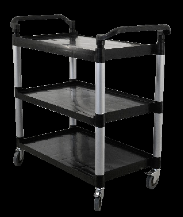 Product image #4 for Omcan Black Plastic 3-Shelf Bussing Cart with 19.5 x 31 in Tray, 198 lb Capacity