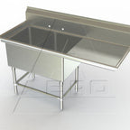 Thumbnail image #1 for AERO Manufacturing Aerospec 2F2-3020-30R 14-Gauge 304 Stainless Steel 2-Compartment Sink, 74-1/4"W, Right Drainboard, 10"H Backsplash