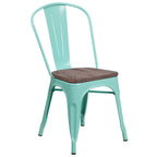 Thumbnail image #1 for Flash Furniture ET-3534-MINT-WD-GG Stacking Side Chair, Mint Green, Curved Metal Slat Back, Textured Wood Seat