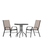 Thumbnail image #1 for Flash Furniture TLH-073A1303C-BN-GG 3-Piece Outdoor Patio Dining Set with 23.5-Inch Square Tempered Glass Table and 2 Brown Stack Chairs