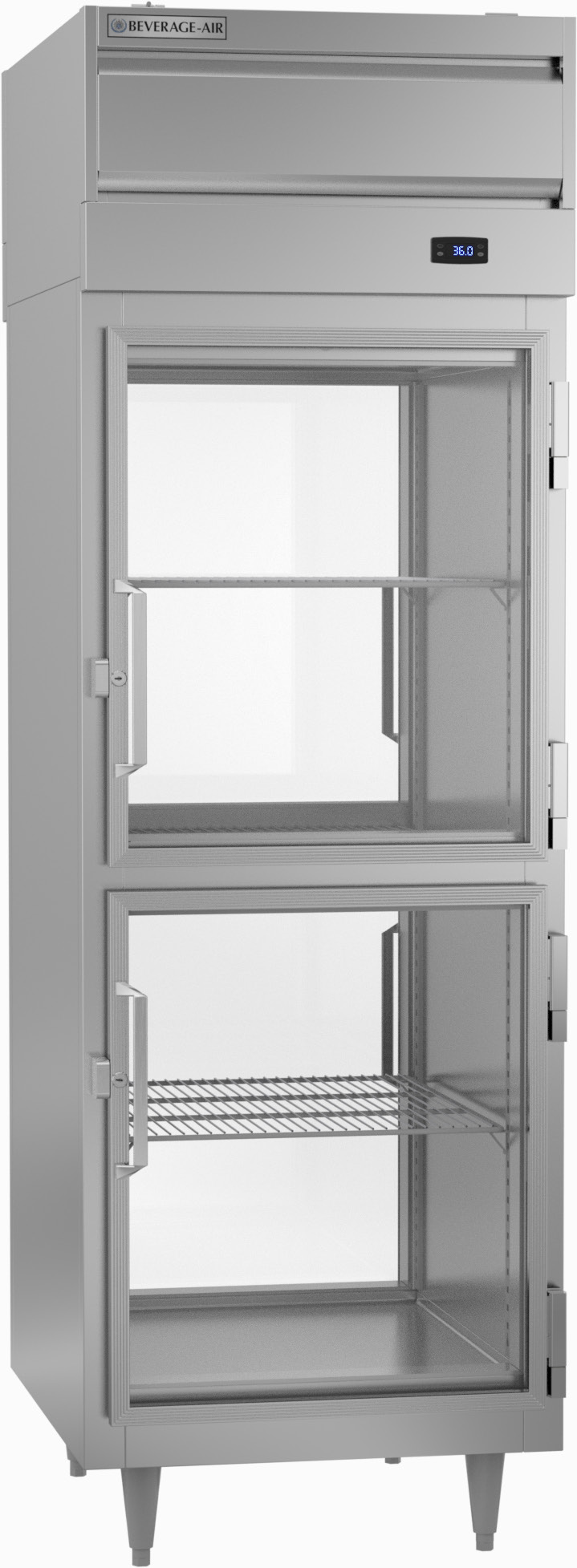 Product image #5 for Beverage-Air P-Series One-Section Pass-Thru Refrigerator with 4 Half-Glass Doors, Top-Mounted Self-Contained Refrigeration