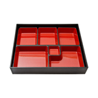 Thumbnail image #1 for Korin Inc NR-317 Rectangular Plastic Bento Box, 6 Compartments, Red Interior/Black Exterior, 12 x 9-1/2 x 2 in