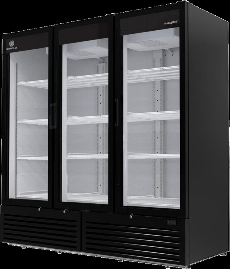 Product image #5 for Beverage-Air Marketeer MT72-1B Three-Section Reach-In Hinged Glass Door Refrigerated Merchandiser, 66.3 Cu. Ft., Black