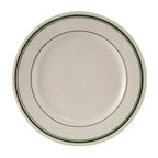 Thumbnail image #1 for Tuxton China Green Bay TGB-009 Ceramic Plate, 9-5/8" Round, Wide Rolled Rim, American White/Eggshell with Green Band Case of 2 Dozen