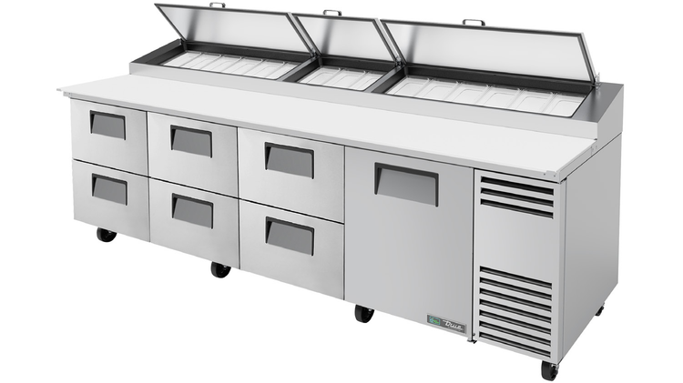 Product image #8 for True 119-1/4-Inch 4-Section Pizza Prep Table with 1 Door, 6 Drawers, and Self-Contained Side-Mounted Refrigeration